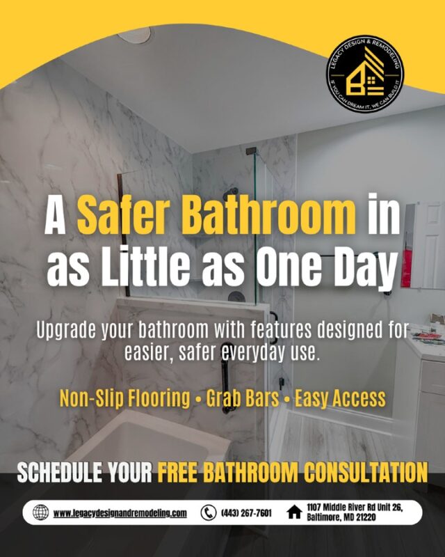 Looking for a safer One-Day Bathroom in Middle River, MD?

Legacy Design & Remodeling can help create a more accessible bathing space with grab bars, easier entry, non-slip options, and modern shower systems.

Schedule your free consultation today.

#OneDayBathroom #MiddleRiverMD #BathroomRemodeling #AccessibleBathroom #LegacyDesignAndRemodeling