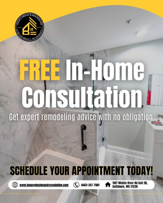 🚿 Free In-Home Consultation

Thinking about remodeling your bathroom?

Legacy Design and Remodeling proudly serves homeowners across Middle River, MD, creating stylish, functional spaces that enhance comfort, beauty, and everyday living.

📅 Book your FREE in-home consultation today and let's bring your vision to life.