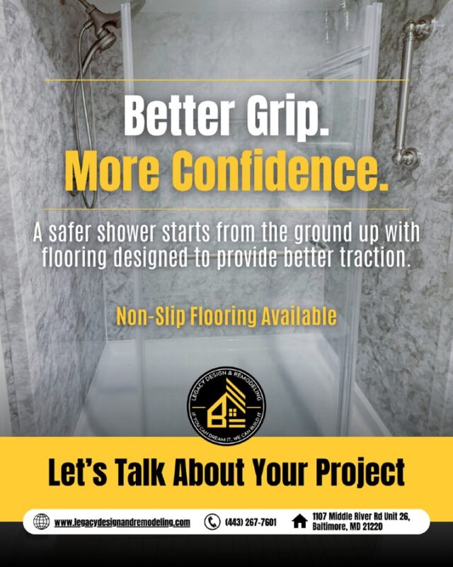 Bathroom safety starts with every step.

A One-Day Bathroom upgrade in Middle River, MD can include non-slip flooring options designed to provide better traction and more confidence while using your shower.

Contact Legacy Design & Remodeling for a free consultation.

#BathroomSafety #OneDayBathroom #MiddleRiverMD #BathroomRemodeling #HomeSafety