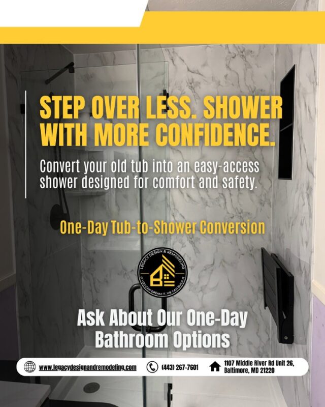 Tired of stepping over a high bathtub every day?

Our One-Day Bathroom solutions in Middle River, MD can help convert an outdated tub into a more comfortable, easy-access shower.

Ask Legacy Design & Remodeling about your tub-to-shower options.

#TubToShower #OneDayBathroom #MiddleRiverMD #BathroomUpgrade #MarylandHomeImprovement