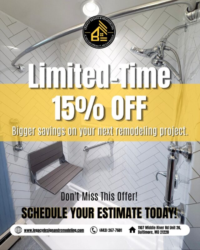 🎉 Limited Time 15% Off

Now is the perfect time to transform your bathroom into a space that's comfortable, functional, and built around your lifestyle.

Legacy Design and Remodeling proudly serves homeowners throughout Middle River, MD with expert bathroom renovations designed to last.

📞 Schedule your FREE in-home consultation today and save 15% for a limited time!